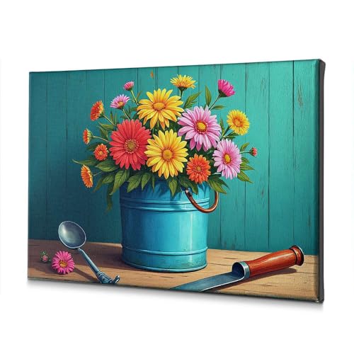 Décoration de Pâques chrétienne sur toile 30x40cm bouquet fleurs seau bleu