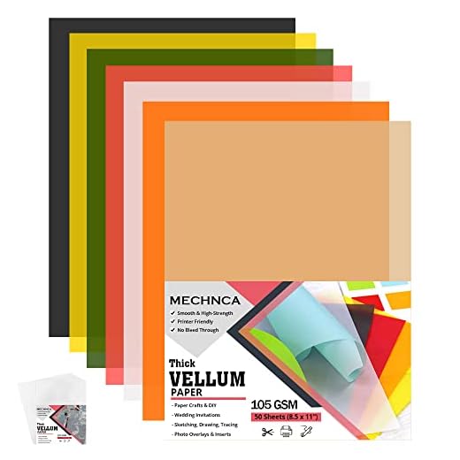Vellum Paper 8.5 x 11 Translucent Printable - 7 Colors - Pack of 50 - Tracing Paper for Drawing 105 GSM Printable Vellum Paper for Invitations, Envelopes, Sketching, Wedding Cards