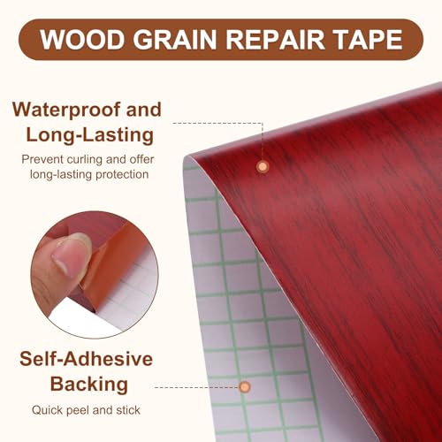 Image of MECCANIXITY Wood Grain Repair Tape, 4 Inch x 16 Feet Self Adhesive Wood Grain Tape Multi-Purpose Wallpaper Border Trim for Furniture Floors Windows Doors Tables Home, Red