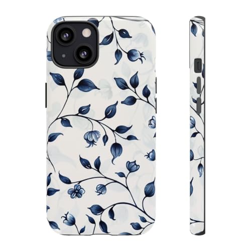 Coque iPhone 13 rigide brillante motif floral bleu vigne antichoc
