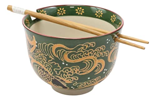 Ebros Gift Colorful Green And Yellow River Koi Fishes With Crystals Ramen Udong Noodles Bowl With Built In Chopsticks Rest And Bamboo Chopstick Set For Kitchen Dining Soup Rice Meal Bowls (1) #TOP2