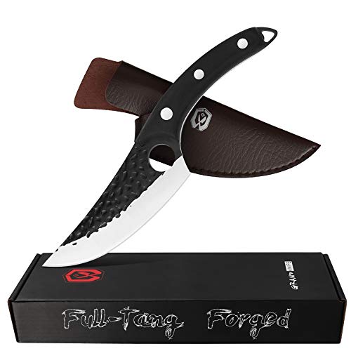 GRANDKNIFE Meat Cleaver Full Tang Boning Knife Hand Forged Butcher Knife With Leather Sheath for Kitchen Camping BBQ Fshing Fillet Hunter Outdoor Black Handle Hunting Knife…