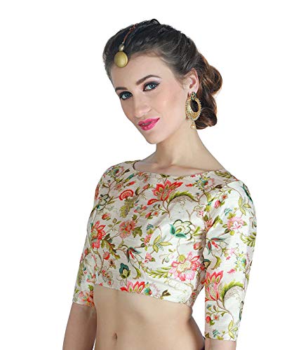 Boat Neck Readymade Stitched Printed Saree Blouse Poly Silk Fabric Indian Sari Choli Tunic Wedding Top Women (Medium-34)