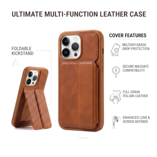 Image of amazon basics Luxury Vegan Leather Back Cover for iPhone 14 Pro | Built-in Card Holder Slot | Integrated Mobile Stand | Slim Shockproof Protective Case with Stitched Finish - Tan