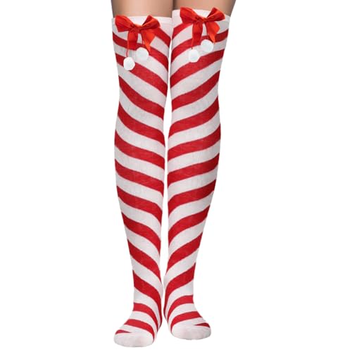 CHEERYMAGIC Christmas Thigh High Socks, Red and White Stripe