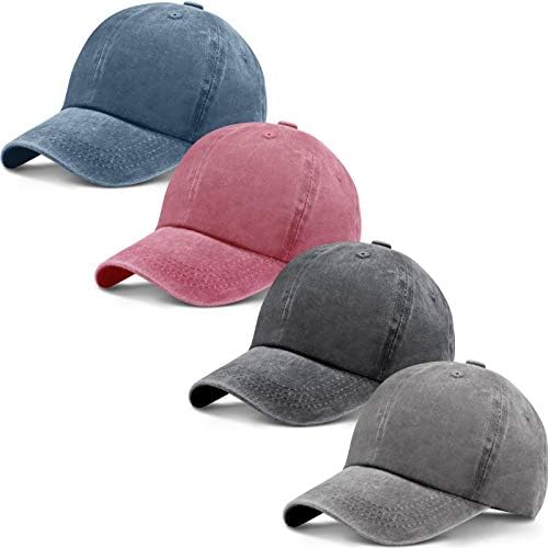 4 Pieces Washed Baseball Cap Adjustable Twill Plain Hat Unisex Baseball Cap Vintage Dad Hat (Black, Gray, Navy Blue, Wine Red)