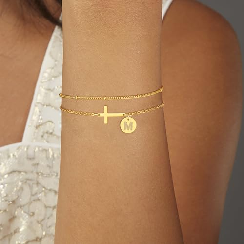 Gold Cross Initial Bracelets for Women Girls, 18K Gold Plated Cross Bracelet Layered Disc Initial Bracelet Gold Bracelets for Women Girls Christian Baptism Religious Jewelry4
