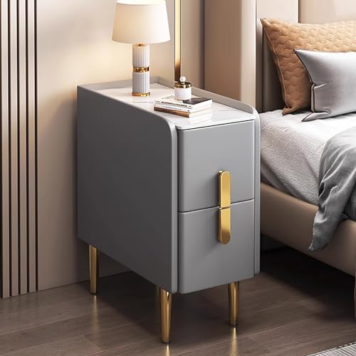 Mesita de noche minimalista moderna con acabado de piel sintética y patas de metal, mesita de noche delgada para espacios pequeños, armario de almacenamiento de doble cajón para dormitorios y sala de