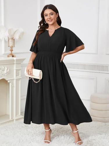 Women's Plus Size Dress for Women Wedding Guest Cocktail Smocked Ruffle Short Sleeve V Neck Flowy Maxi Dresses2