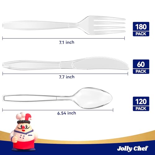 JOLLY CHEF 360 Count Heavy Duty Clear Plastic Silverware-180 Forks, 120 Spoons, 60 Knives, Heat Resistant Disposable Utensils Set, Clear Plastic Cutlery Set for Parties, Events, Everyday Use - Image 3