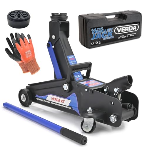 Gato hidráulico de Carretilla 2T (2 toneladas), 140–310 mm + Almohadilla de Goma + Guantes + maletín. Ideal para Cambio de neumáticos en turismos, SUV y vehículos Todoterreno