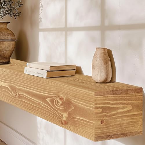 YLYHSST 72\" Fireplace Mantel, 5\'\' Thick Handmade Hollow Solid Wood Wall Long Floating Shelf with Invisible Wood Brackets, Wood Color - Thumbnail 5