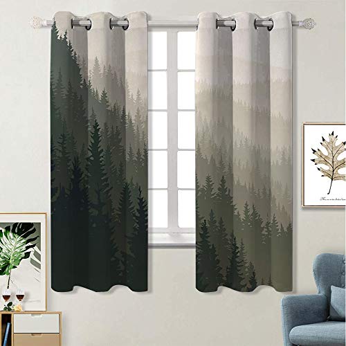 Qiaoqiaolo Forest Window Curtain, Curtains 45 Inch Length Northern Parts Of The World With Coniferous Trees Scandinavian Woodland Bathroom Curtain Cream Tan Dark Green W63 X L45 Inch #TOP1
