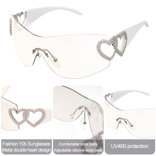 Y2K Wrap Around Rimless Sunglasses Trendy Shield Silver Heart 2000S Fashion Frameless Sun Glasses for Women Men3