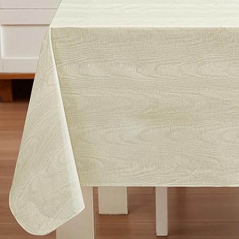 Newbridge Beige Moire Wavy Solid Color Print Heavy Weight Vinyl Flannel Backed Tablecloth, Indoor/Outdoor Vinyl Tablecloth with Flannel Backing, 60” x 84” Oblong/Rectangle Cover