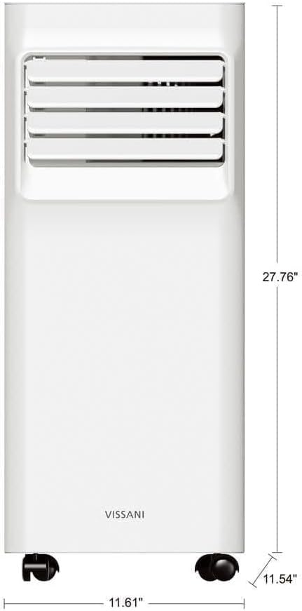 Diagram showing the dimensions of the Vissani Portable Air Conditioner: 11.61 inches wide, 27.76 inches high, and 11.54 inches deep.