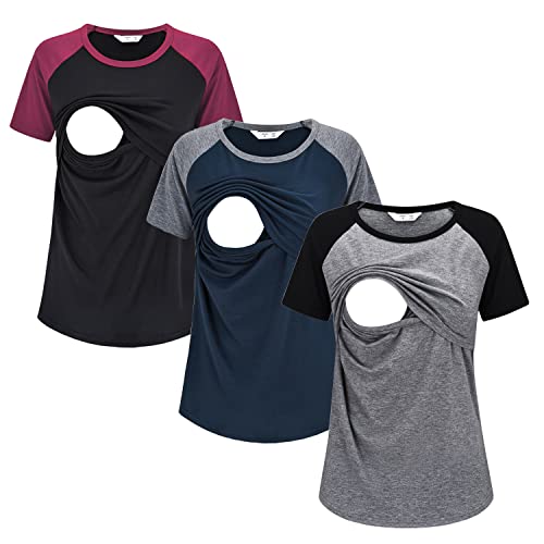 Laviqk Women's Maternity Nursing Top Breastfeeding Tank Tee Shirt Raglan Double Layer Soft Short Sleeve Casual Pregnancy Clothes 3 Pack #TOP7