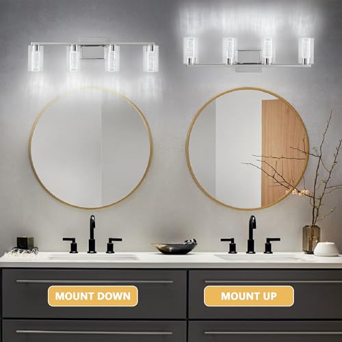 Image of Bathroom Vanity Light Fixture, 4 Lights Wall Lights for Mirror, Modern Wall Vanity Light with Clear Glass Shade, LED 6000K Dimmable, Chrome, 20W, Lenght 27 Inch