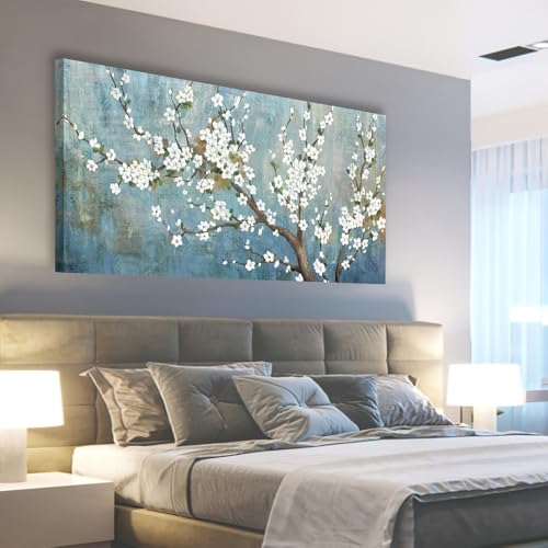 Tableau sur toile fleurs de prunier turquoise rustique pour décoration de salon chic