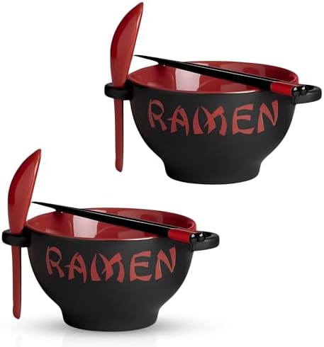Japanese Ramen Bowl with Chopsticks & Soup Spoons, Red Dinnerware Set for Gifts, Versatile Ceramic Soup Bowls for Rice, Miso, Pho, Udon Noodles & Instant Ramen, Large Microwavable Bowls Set of 2, 21oz