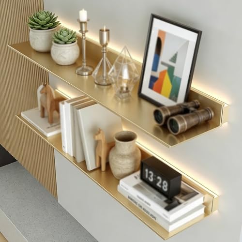 Genérico Baldas Flotantes Pared con Luces LED, Repisas De Pared para Exhibición Colgante, Estantes Emisores De Luz Montados En La Pareds Metal para Estante Flotante Lineal DIY Baño(Gold,120cm/47in)