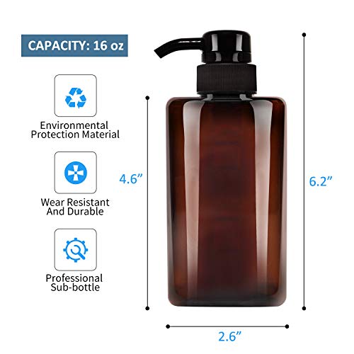 Jolitac 16 oz Dispenser Refillable Bottles 3 Pack, Shampoo Conditioner & Wash Shower Refillable Containers Pet Plastic Empty Amber Pump Bottle (Brown-Liquid)