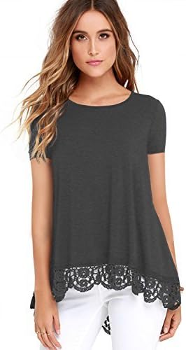 FISOUL Women's Tops Long Sleeve Lace Trim O-Neck A-Line Tunic Tops