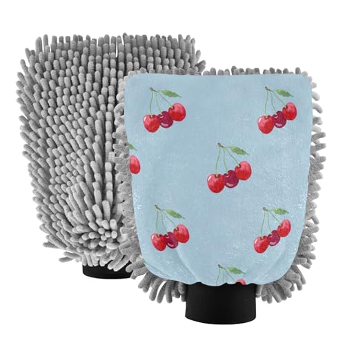 STAYTOP Delicious Cherry Car Wash Mitt Microfiber, 2Pcs Scratch Free Lint-Free, Premium Chenille Microfiber Mitt Car Wash Brush-M