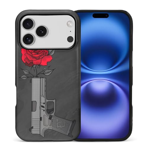 yicomon Compatible with iPhone 18 Pro 17 Pro Case, Rose On Gun Pattern Print Matte Phone Case Durable Fashion Funny Liquid Silicone Case Soft Anti-Scratch Shockproof Protective Cover