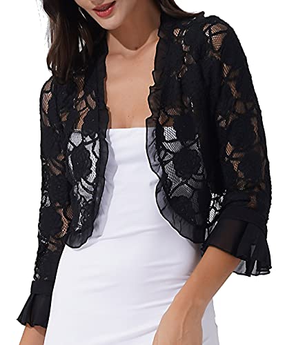 Freebily Boléro Femme Elégant Châle Cardigan Manches Longues Haut Gilet Court Dentelle Casual Blouse Veste de Soiree Chic Top Chemise de Protection Solaire S-XXL Noir A XXL