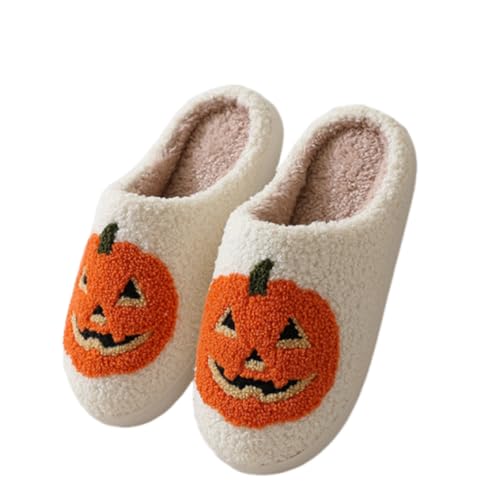 Halloween Pumpkin Slippers for Women Cozy Spooky Slides Cute Soft Plush Fuzzy House Slippers for Indoor Outdoor Shoes