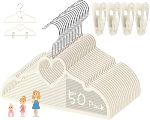 Image of Beige Heart Velvet Baby Hangers - 50pack 13inch Toddler Hangers with 20pcs Clips,Ultra Slim and Stackable Space Saving