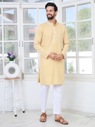 Image of See Designs Men's Full Sleeve Mandarin Collar Embroidered Thread Work Sequinned Rayon Straight Long Kurta - Festive Collection