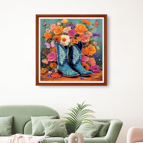 Image of Hopeart Stamped Cross Stitch Kits for Beginner Embroidery Kits for Beginners Adults DIY 11CT Cross Stitch Patterns Needlepoint Kits Crossstitching Kits-Colorful Floral Boots 18x18 inchs