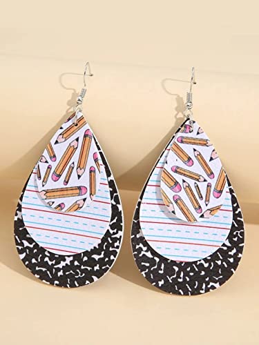 Teacher Earrings for Women Pencil Print Teardrop Drop Faux Leather Earrings Hypoallergenic Lightweight Dangle Earrings Jewelry Gifts2