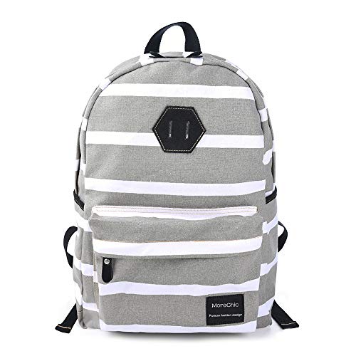 Laxnako Canvas School Backpack for Girls Womens School Bookbags Lightweight Canvas Stripe Backpacks for Teens (Grey+White)