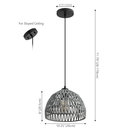Image of JONATHAN Y 10.25 inch Gray Modern Bohemian Woven Rope LED Pendant Light Fixture, Adjustable Dome Ceiling Lamp for Kitchen Island, Rope Shade, Coastal Farmhouse Decor (JYL6513D)