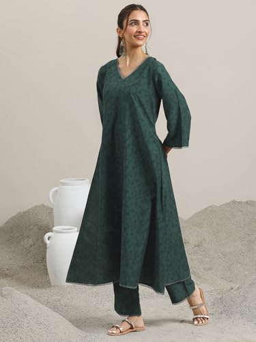 Image of Libas Green Printed Silk blend A Line Kurta set for Women | daily wear suit