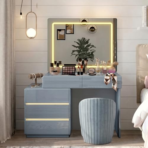 Image of GLOSSIQUE High Gloss Dressing Table with Mirror and Stool - Touch Control LED Mirror 3 Lighting Modes - Vanity Desk with 5 Drawers - Modern Makeup Table for Bedroom - Grey