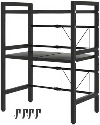 Estante para horno microondas, soporte para microondas, estante ajustable con 6 ganchos, estante para microondas, soporte extensible para microondas de cocina, soporte para microondas con