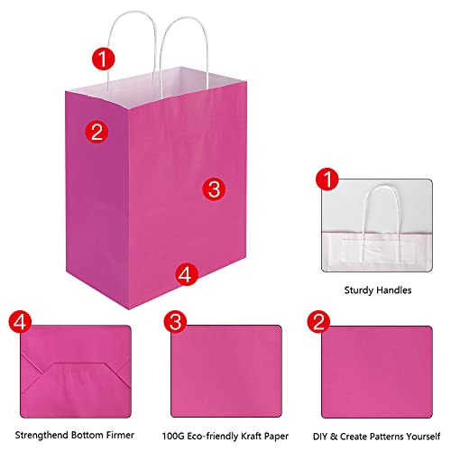 Oikss 100 Pack 8x4.75x10 Inch Medium Hot Pink Kraft Paper Bags with Handles Bulk for Birthday Wedding Party Favors Grocery Retail Shopping Business Goody Craft Gift Bags Sacks (Fuchsia 100pcs Count) by Oikss - Image 3