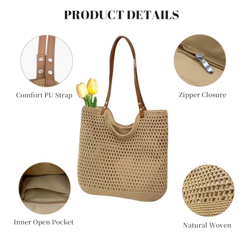 Image of Crochet Beach Bag Woven Tote Bag Summer Crochet Purses for Women handbag Boho Shoulder Bags for Travel Vacation