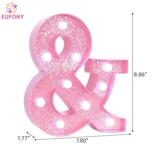 Image of Pink Marquee Light Up Letters, Glitter Alphabet LED Letter Lights for Pink Birthday Party Decorations, Battery Operated Letter Sign for Girls Room Vanity Table Decor, Cool White Lights Symbol &