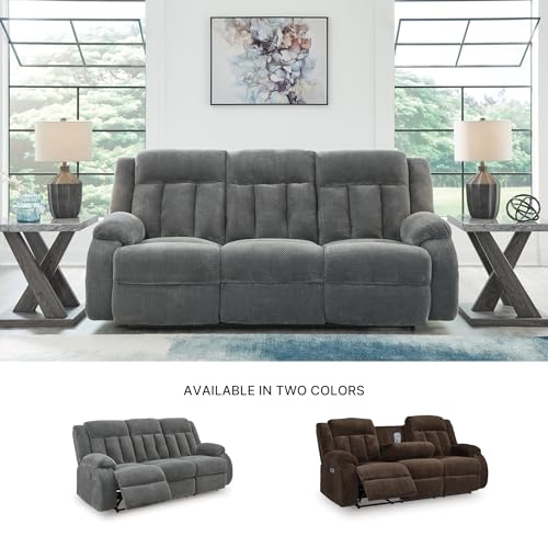Image of Signature Design by Ashley Free Wake Modern Dual-Sided Power Reclining Sofa with Drop Down Table, USB Charging Port and 2 Cup Holders, Gray