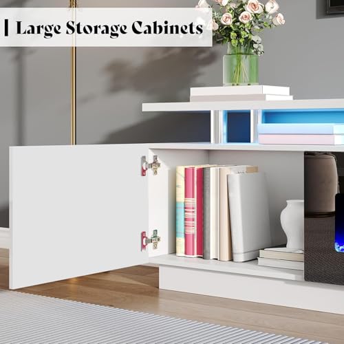 Image of AMERLIFE 90 inch High-Gloss Fireplace TV Stand with 50 inch Electric Fireplace | White /Black LED TV Console, Modern Living Room Entertainment Center, Fits TVs up to 100 inch, 2 Cabinets, 2-Tier Storage Space