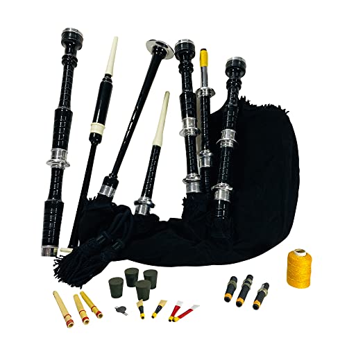 Woldorf Usa Scottish Bagpipe Set Folk Culture Heritage Musical Instruments Rosewood Black Finish Sliver Mounts Black Tartan Bag Cover Includes Free Tutor Book Cane Drones thumb #3