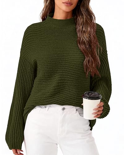 PRETTYGARDEN Womens Sweaters Fall Fashion 2025 Oversized Long Sleeve Mock Neck Chunky Knit Pullover Tops Winter Clothes(Army Green,Medium)