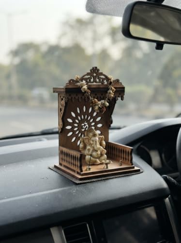 Image of Handcrafted Wooden Car Dashboard Temple, Walnut Finish, Laser-Cut Om Floral Design, MDF Mandir for Car Interior (Open Side Golden Oak Finish)