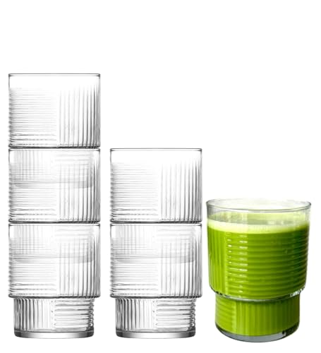 vienberg 6 Stück Gläser Set | 325 ml Matcha-Gläser | Rippen-Glas mit geometrischem Muster | Glas für Matcha Smooties Wasser Softdrink, Trinkgläser, STAPELBAR