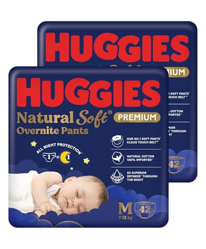Image of Huggies Natural Soft Premium Overnight pants M 42X2 combo| Premium Pant Style Baby Diapers Medium Size (M Size | 7-12 Kgs), 84 count| Keeps baby dry all night with cloud softness all over
